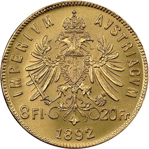 1892 20 Francs / 8 Florin Austrian Gold Coin (Avg. Circulated) - Image 2
