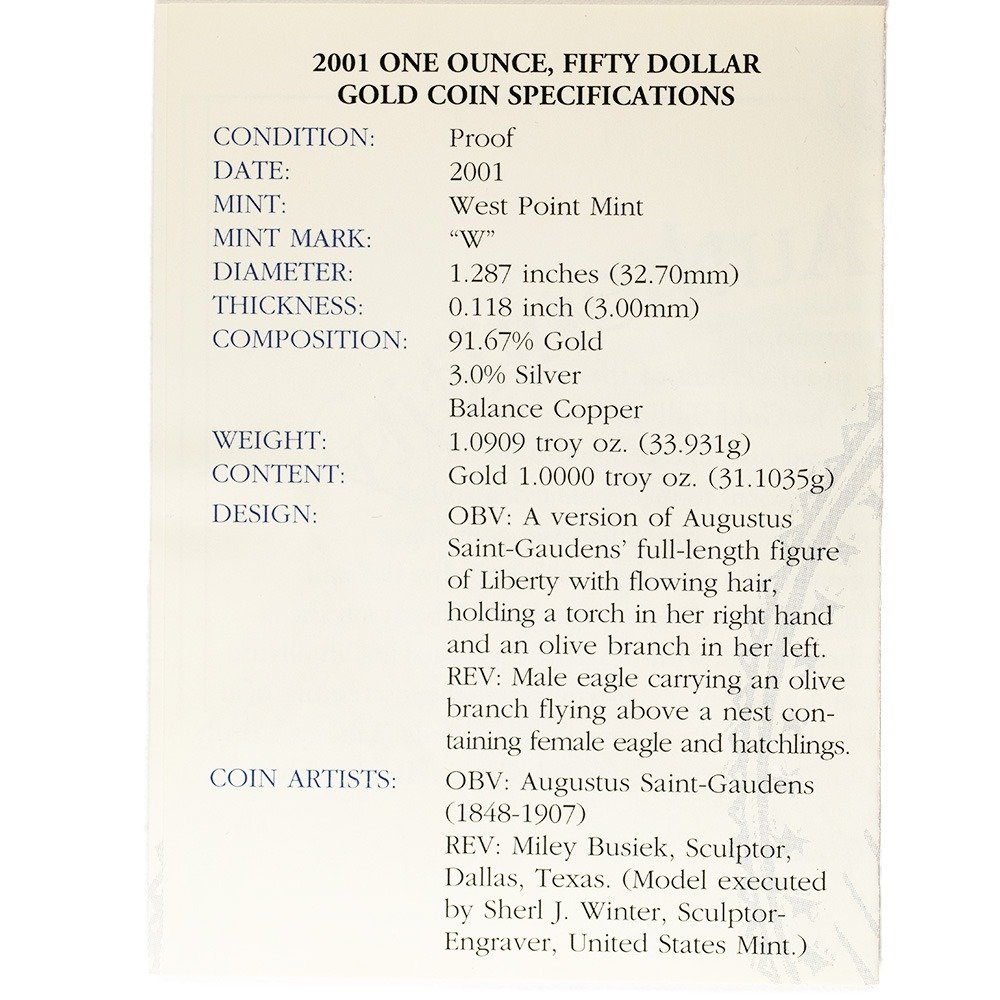 2001-W 1 oz Proof American Gold Eagle Coin (Box + CoA) - Image 3