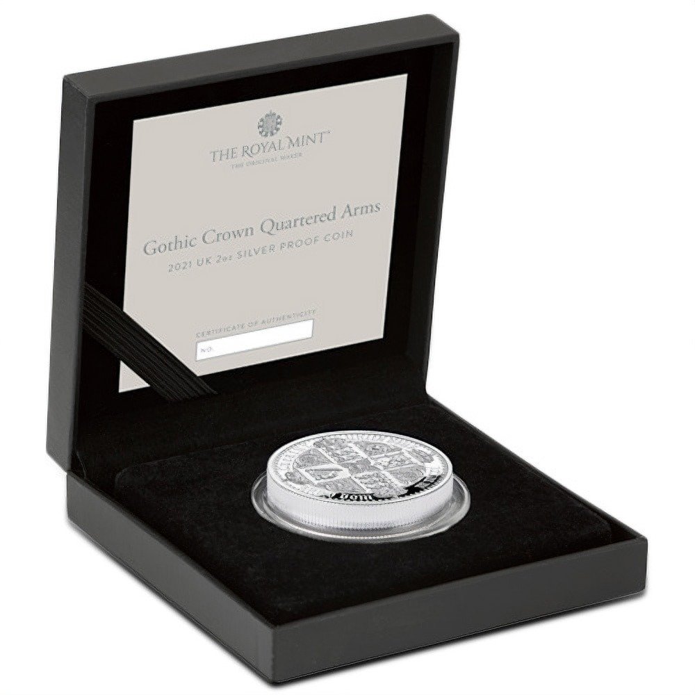 2021 2 oz Proof British Silver Gothic Crown Quartered Arms Coin (Box + CoA) - Image 2