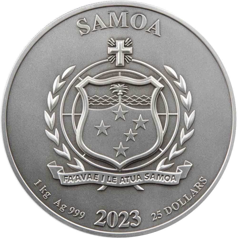 2023 1 Kilo Antique Samoa Silver Vikings Coin (Box + CoA) - Image 2