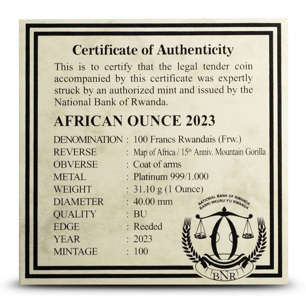 2023 1 oz Rwandan Mountain Gorilla Platinum Coin (BU) - Image 3