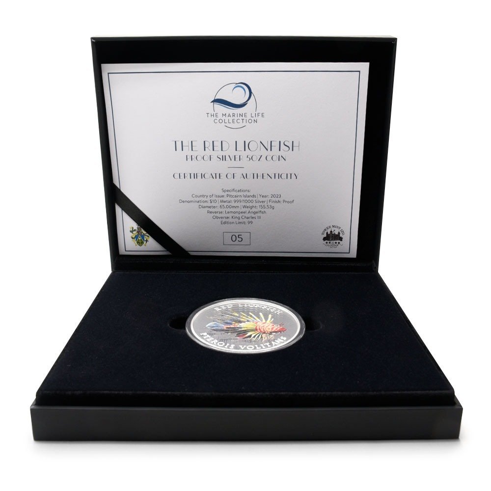 2023 5 oz Proof Pitcairn Islands Silver Red LionFish Coin (Box + CoA) - Image 4