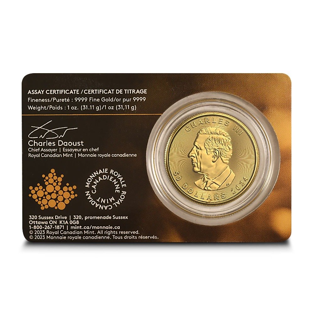 2024 1 oz Canadian Gold Maple Leaf Coin (BU w/Assay) - Image 2