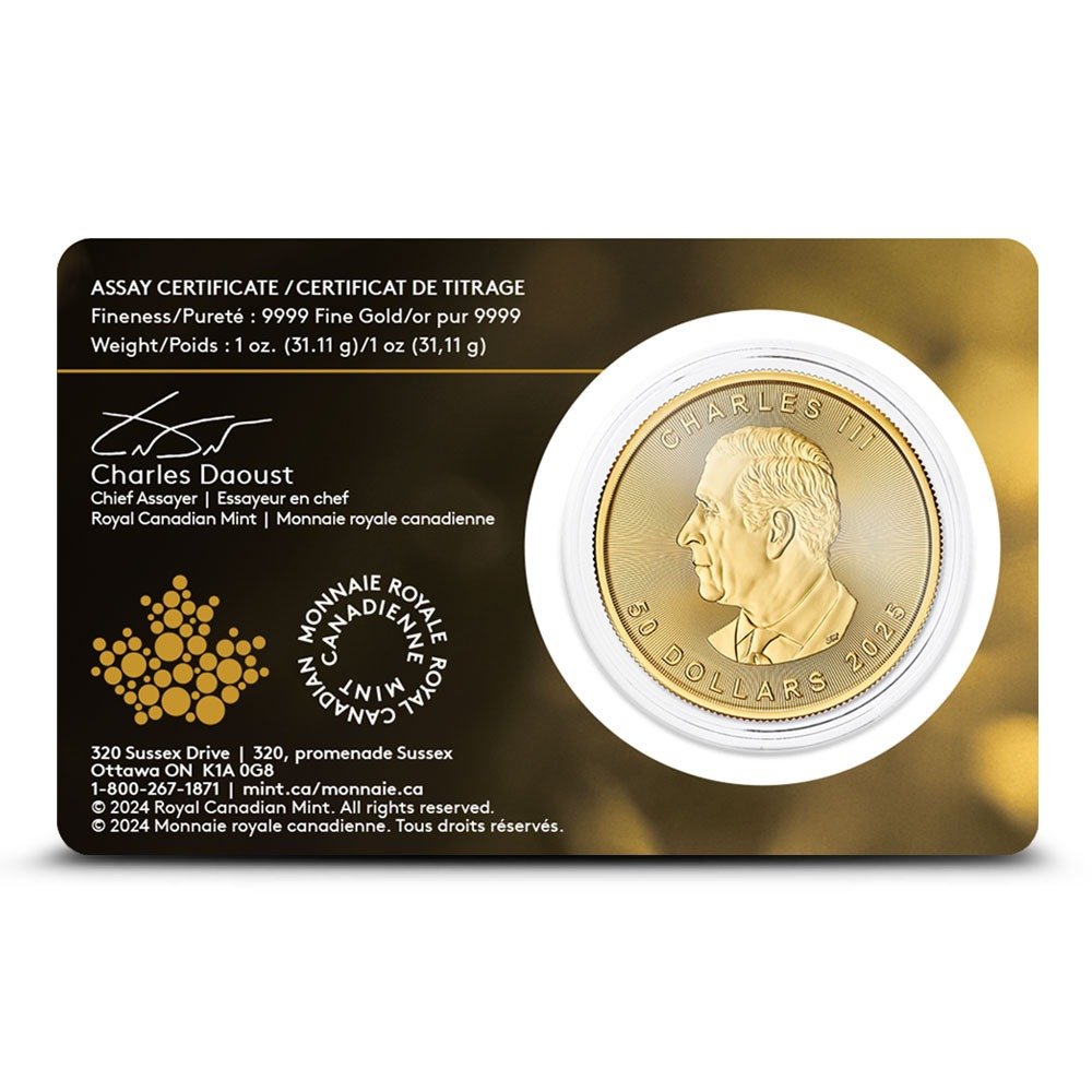 2025 1 oz Canadian Gold Maple Leaf Coin (BU w/ Assay) - Image 2