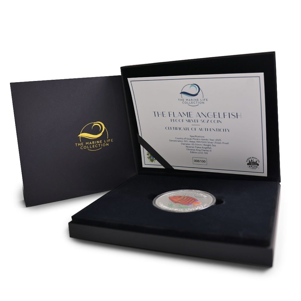 2025 5 oz Proof Colorized Pitcairn Islands Silver Flame Angelfish Coin (Box + CoA) - Image 4