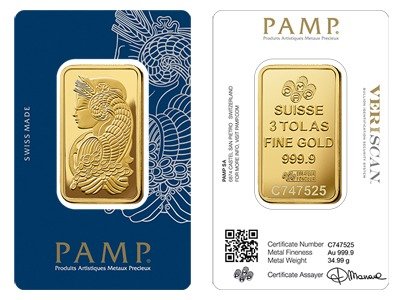 3 Tola PAMP Lady Fortuna Gold Bar