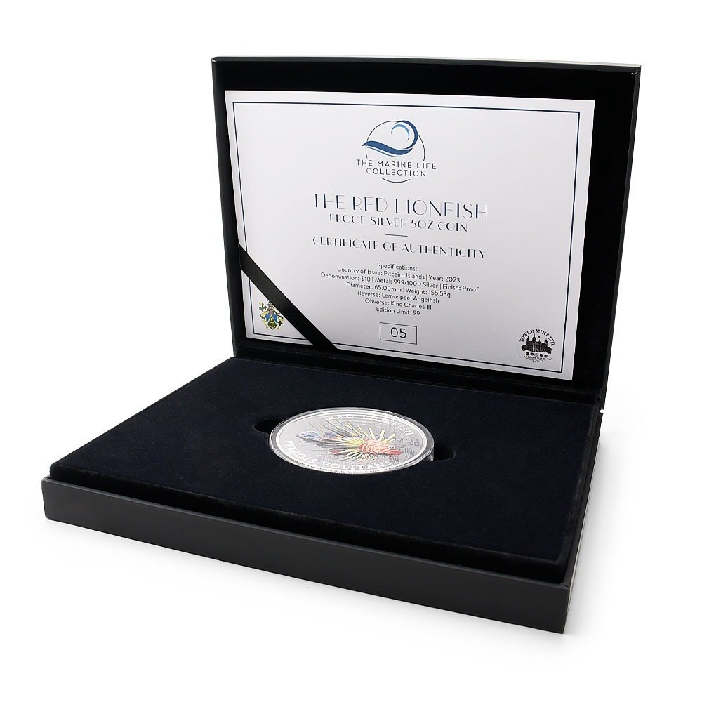 2023 5 oz Proof Pitcairn Islands Silver Red LionFish Coin (Box + CoA) - Image 5