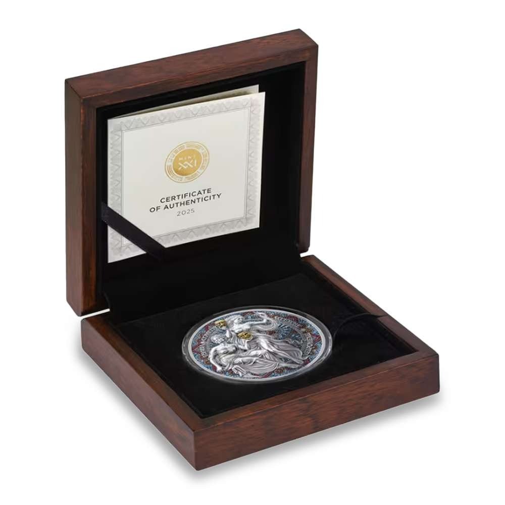 2025 2 oz Colorized Antique Cameroon Silver Melpomene and Thalia Coin (Box + CoA) - Image 3
