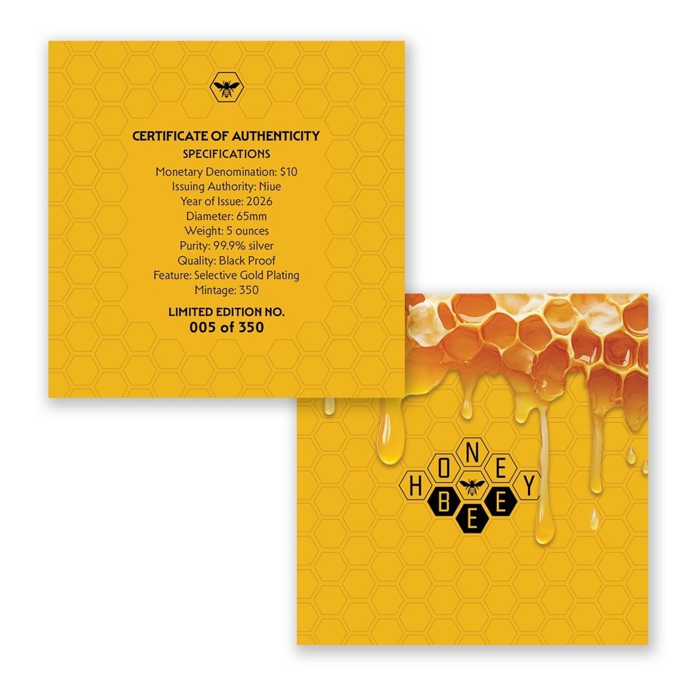 2026 5 oz Black Proof Niue Silver Honey Bee Coin (Box + CoA, Gold Plating) - Image 5