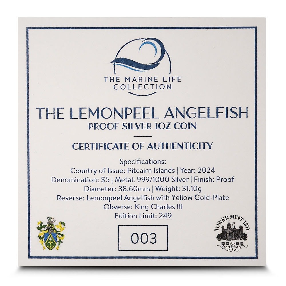 2024 1 oz Proof Pitcairn Islands Silver Lemonpeel Angelfish Coin (Gilded, Box + CoA) - Image 3