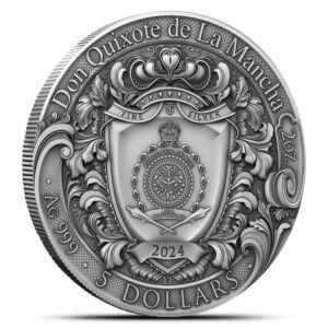 2024 2 oz Antique Silver Niue Don Quixote De La Mancha Coin (Box + CoA, Gilded)