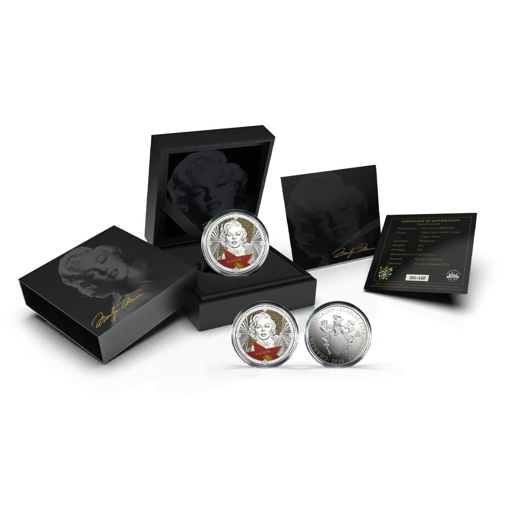 2026 2 oz Proof Colorized Pitcairn Islands Marilyn Monroe Silver Coin (Ultra High Relief, Box & CoA) - Image 3